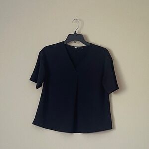 Uniqlo Black V Neck Short Sleeve Blouse Top Womens XS